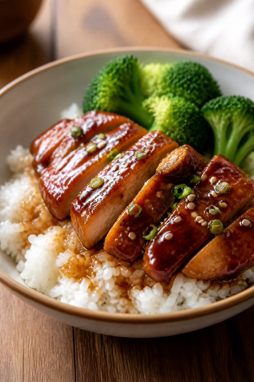 Teriyaki chicken over white rice in a bowl with broccoli