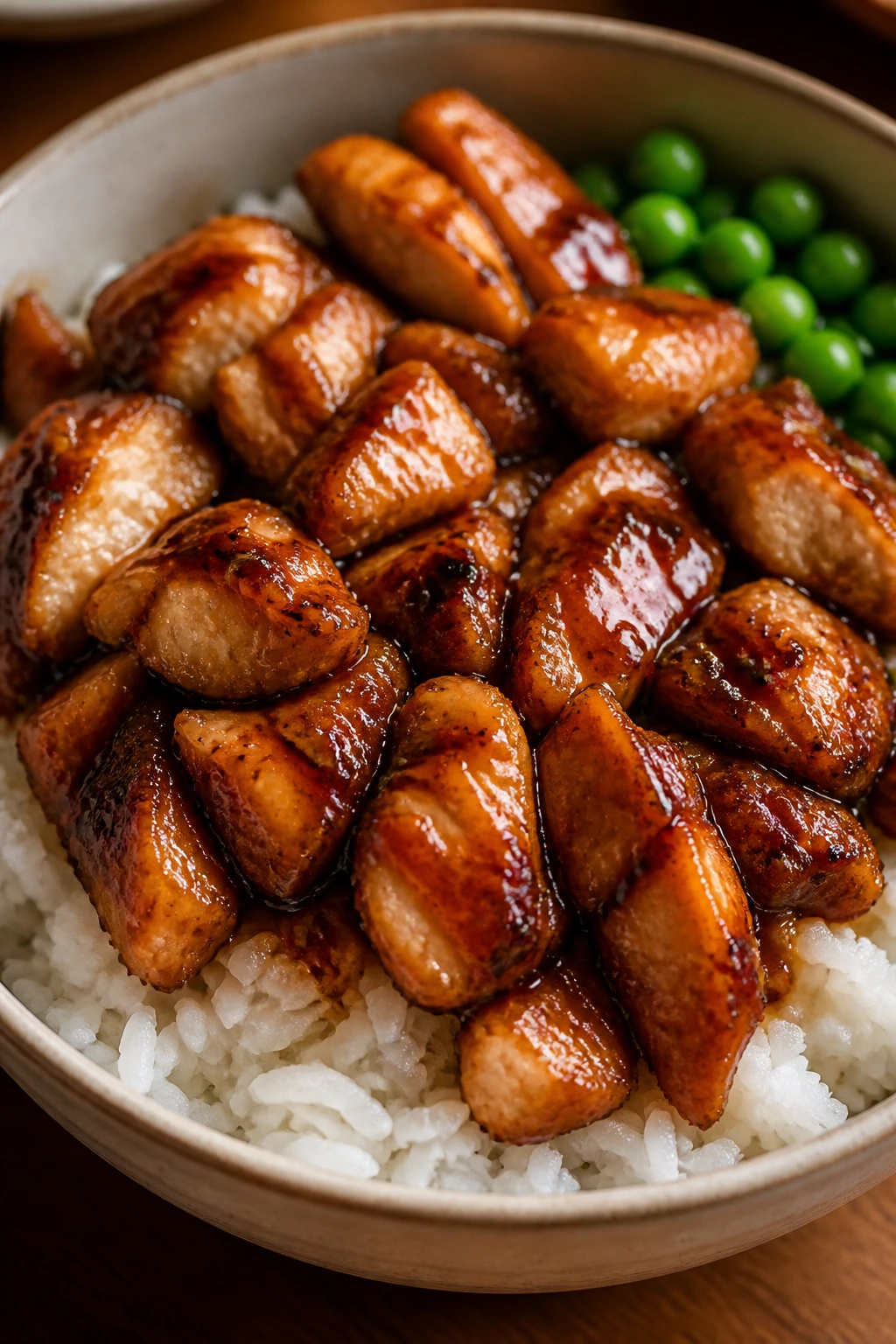 Close-up of teriyaki chicken over white rice with peas in a bowl.