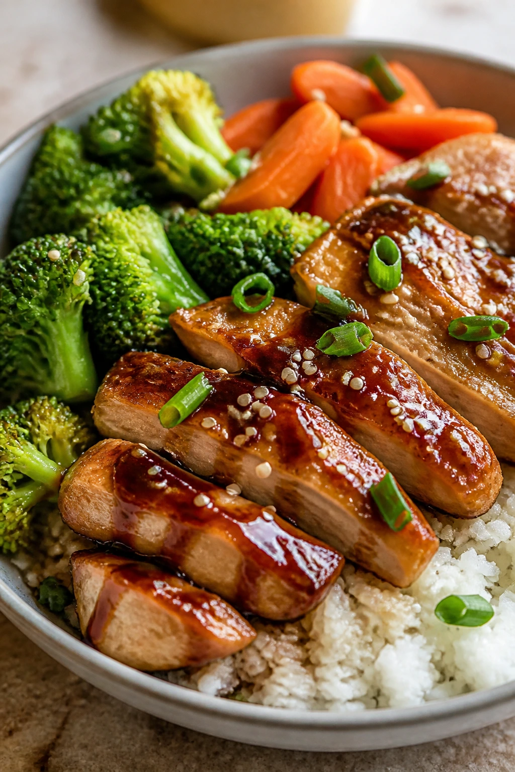 Teriyaki chicken rice bowl with broccoli and carrots over rice