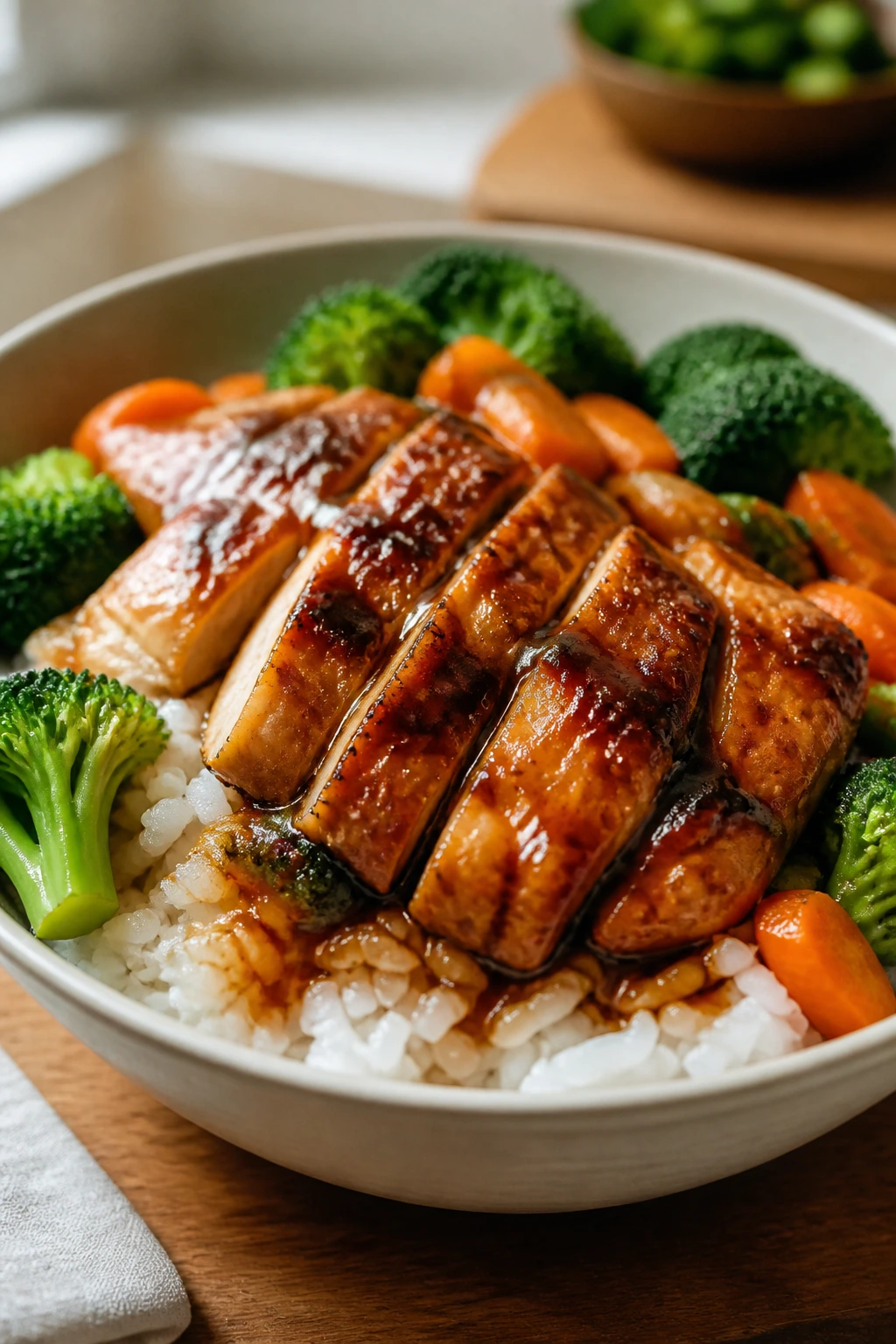 Close-up of teriyaki chicken rice bowl with vegetables