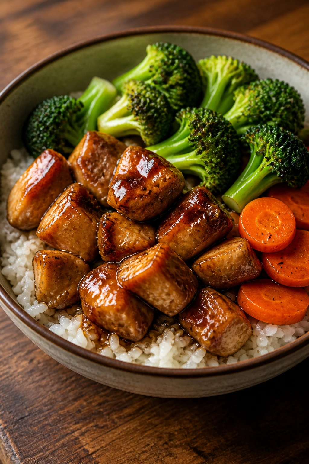 Close-up of teriyaki chicken rice bowl with broccoli and carrots
