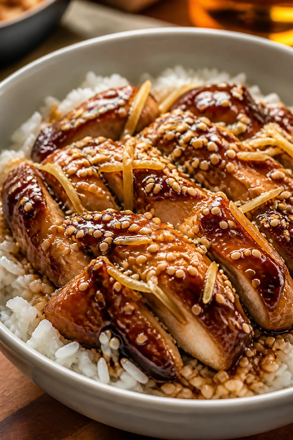 Close-up of teriyaki chicken over rice with sesame seeds