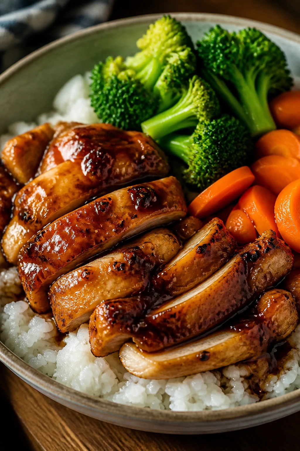 Glossy teriyaki chicken over rice with vegetables in a bowl