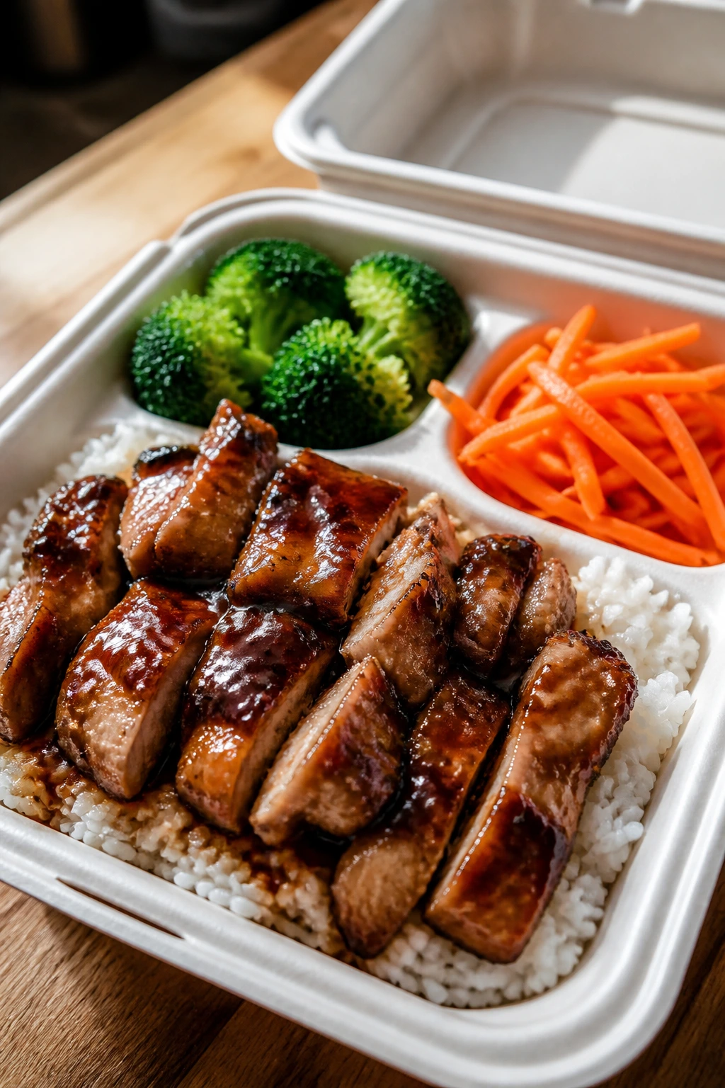 Close-up of teriyaki chicken with rice and vegetables in a takeout box on a wooden counter