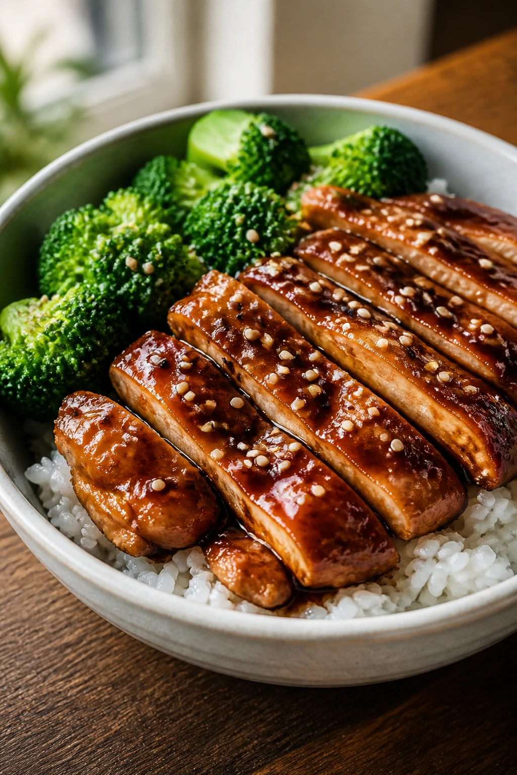 Glossy teriyaki chicken with broccoli in a bowl over rice