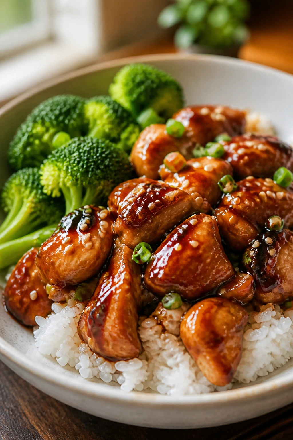 Close-up of glossy teriyaki chicken over white rice with broccoli in a ceramic bowl on a wooden kitchen table