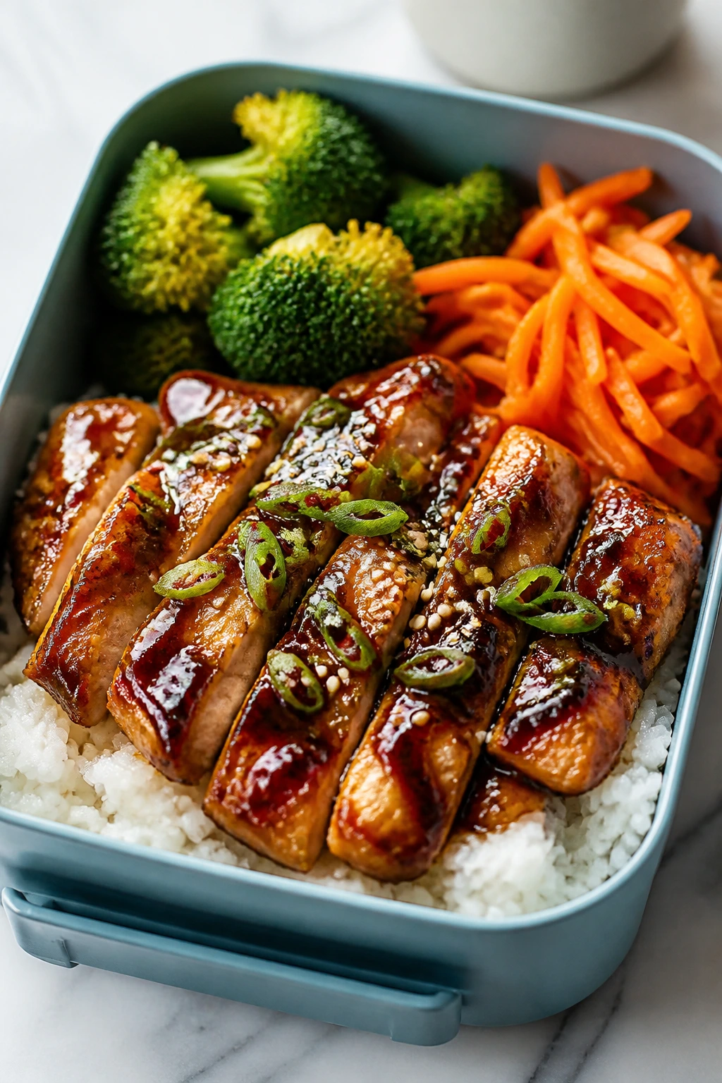 Teriyaki chicken with rice and vegetables in a lunchbox bowl