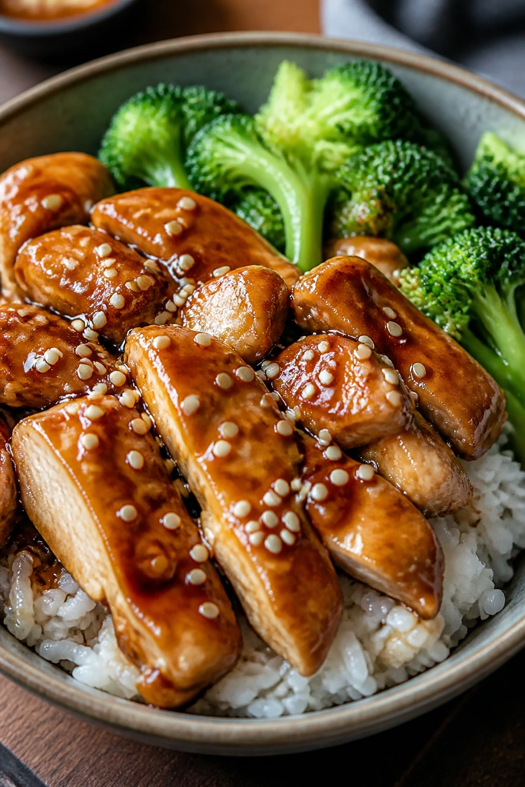 Teriyaki chicken over rice with broccoli in a bowl