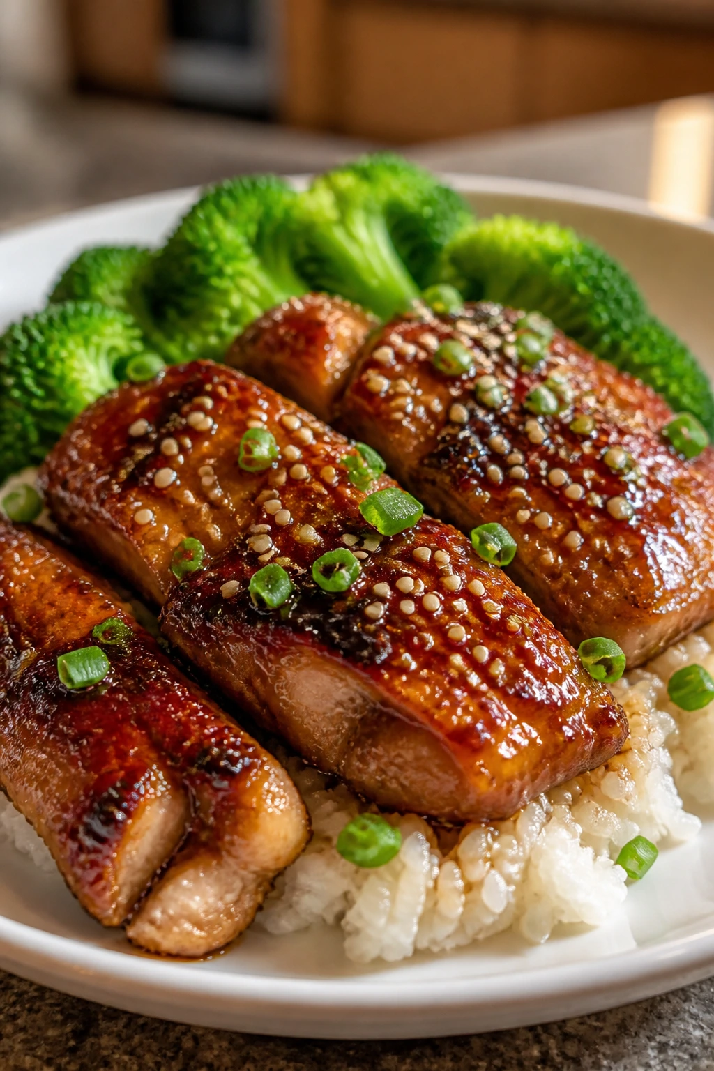 Glossy teriyaki chicken thighs over rice with broccoli in a home kitchen