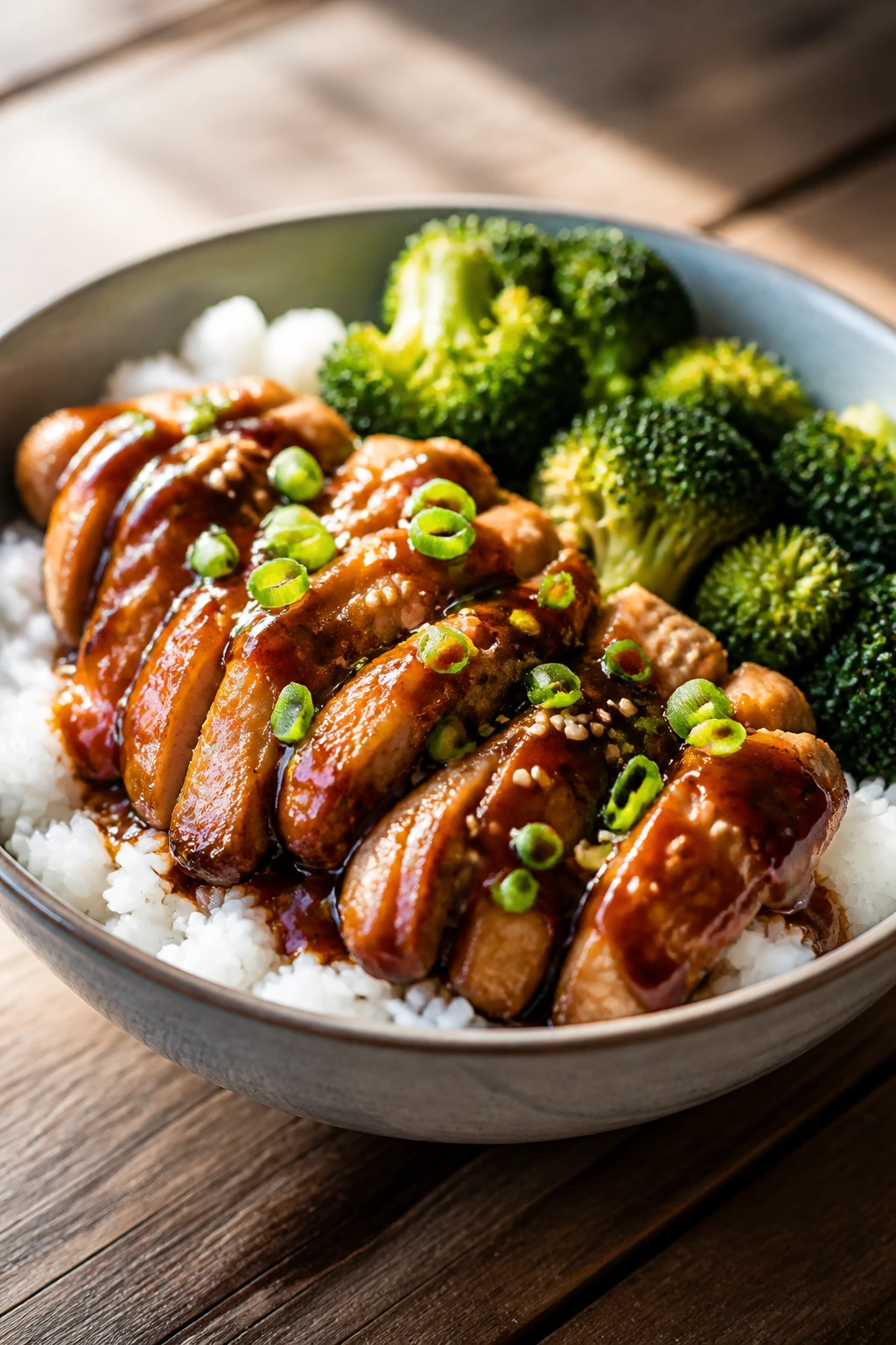 Teriyaki chicken over rice with broccoli in a bowl on a kitchen table