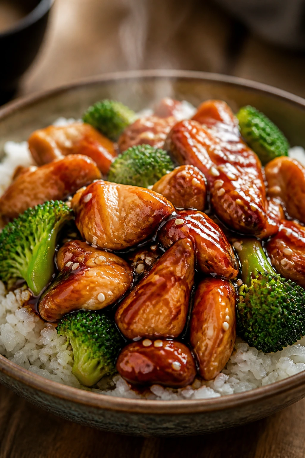 Glossy teriyaki chicken rice bowl with broccoli on a wooden table