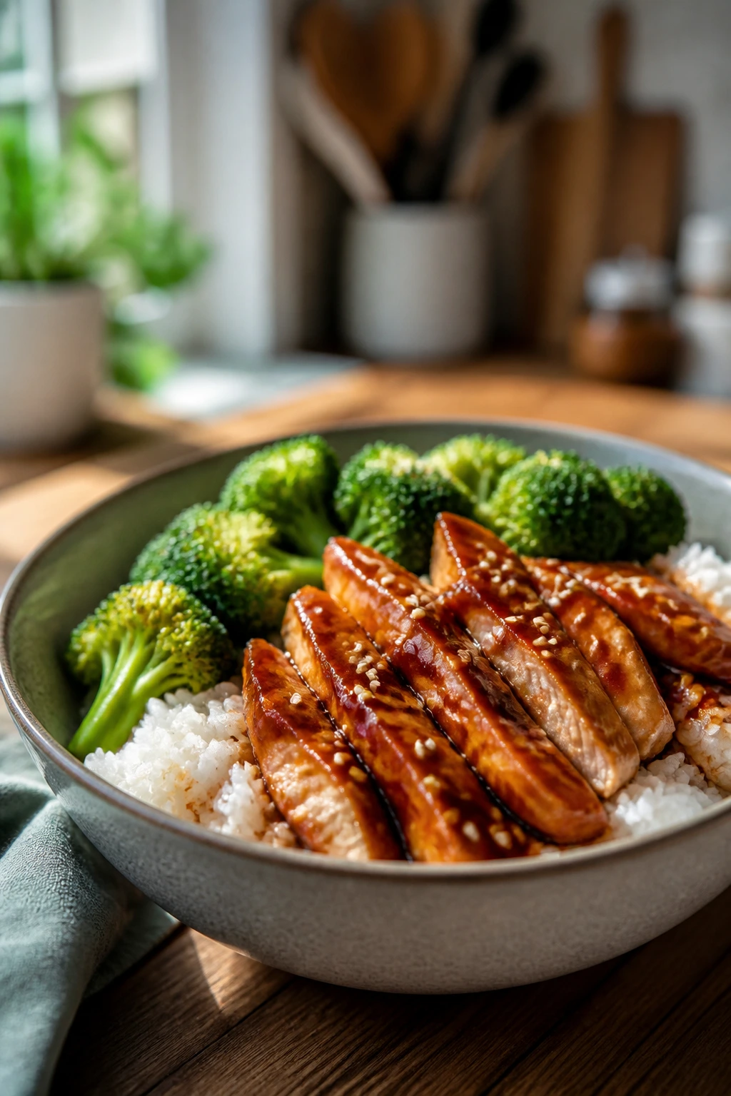 Close-up of Teriyaki Chicken Rice Bowls with broccoli and sesame seeds in a home kitchen