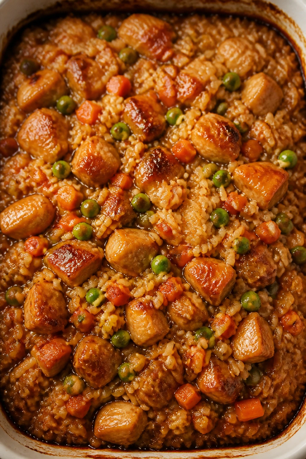 Close-up of teriyaki chicken rice casserole in a baking dish