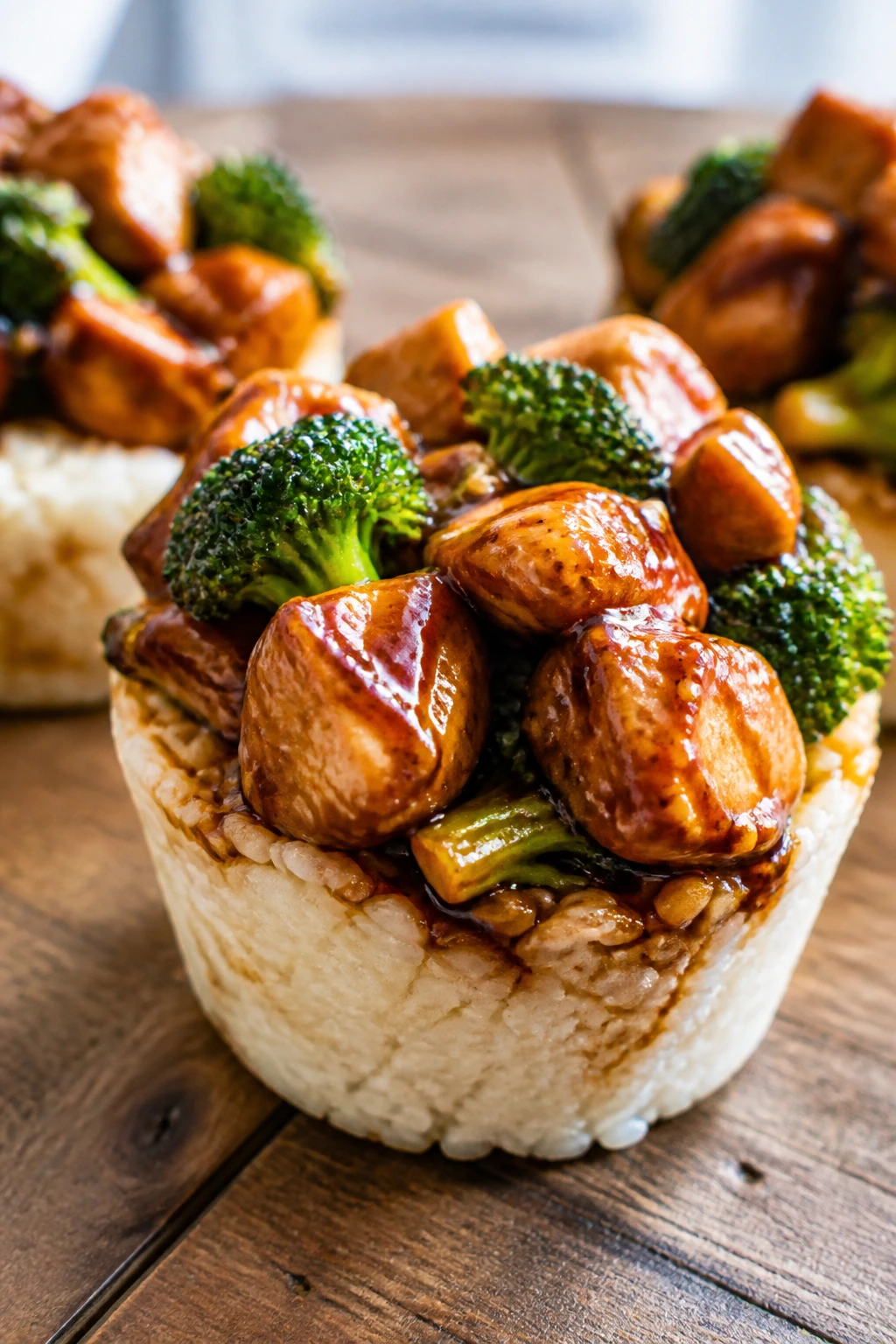 Close-up of teriyaki chicken over rice and broccoli in a cup