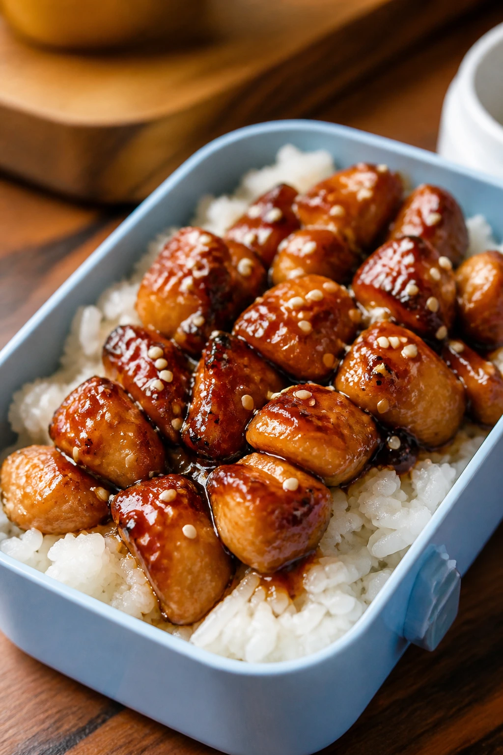 Close-up of teriyaki chicken and rice with sesame seeds in a lunchbox context