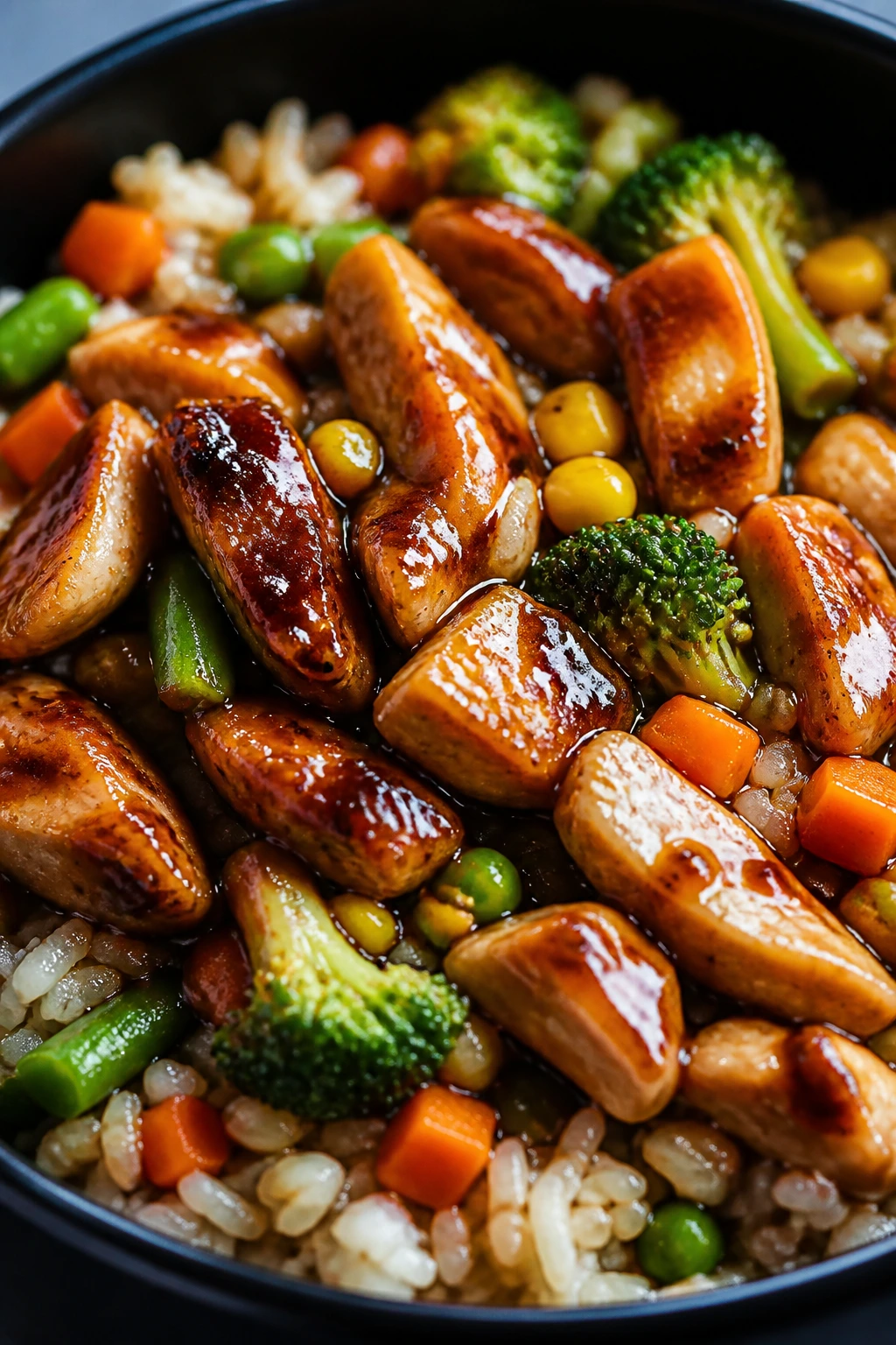 Glossy teriyaki chicken with vegetables over rice