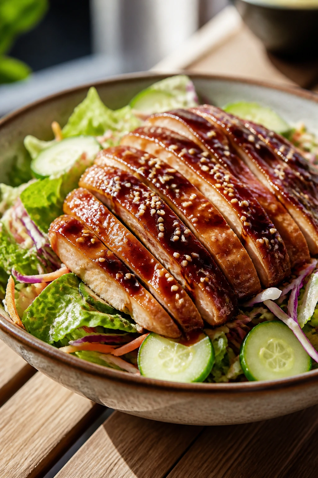 Close-up of glossy teriyaki chicken on crunchy greens