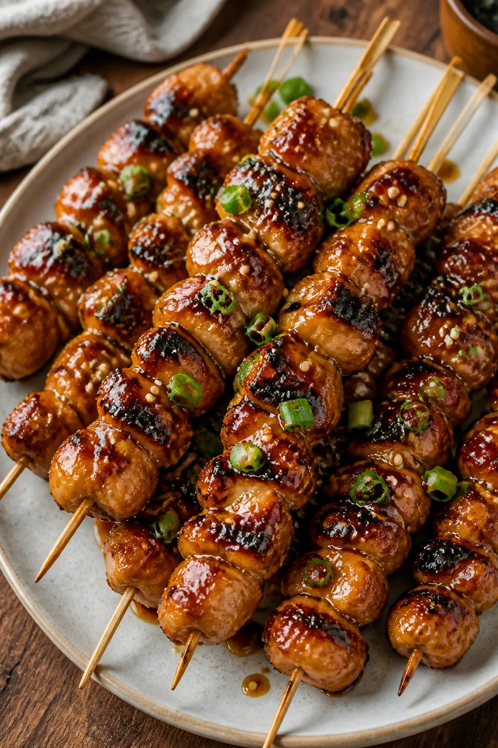 Glossy teriyaki chicken skewers on a plate