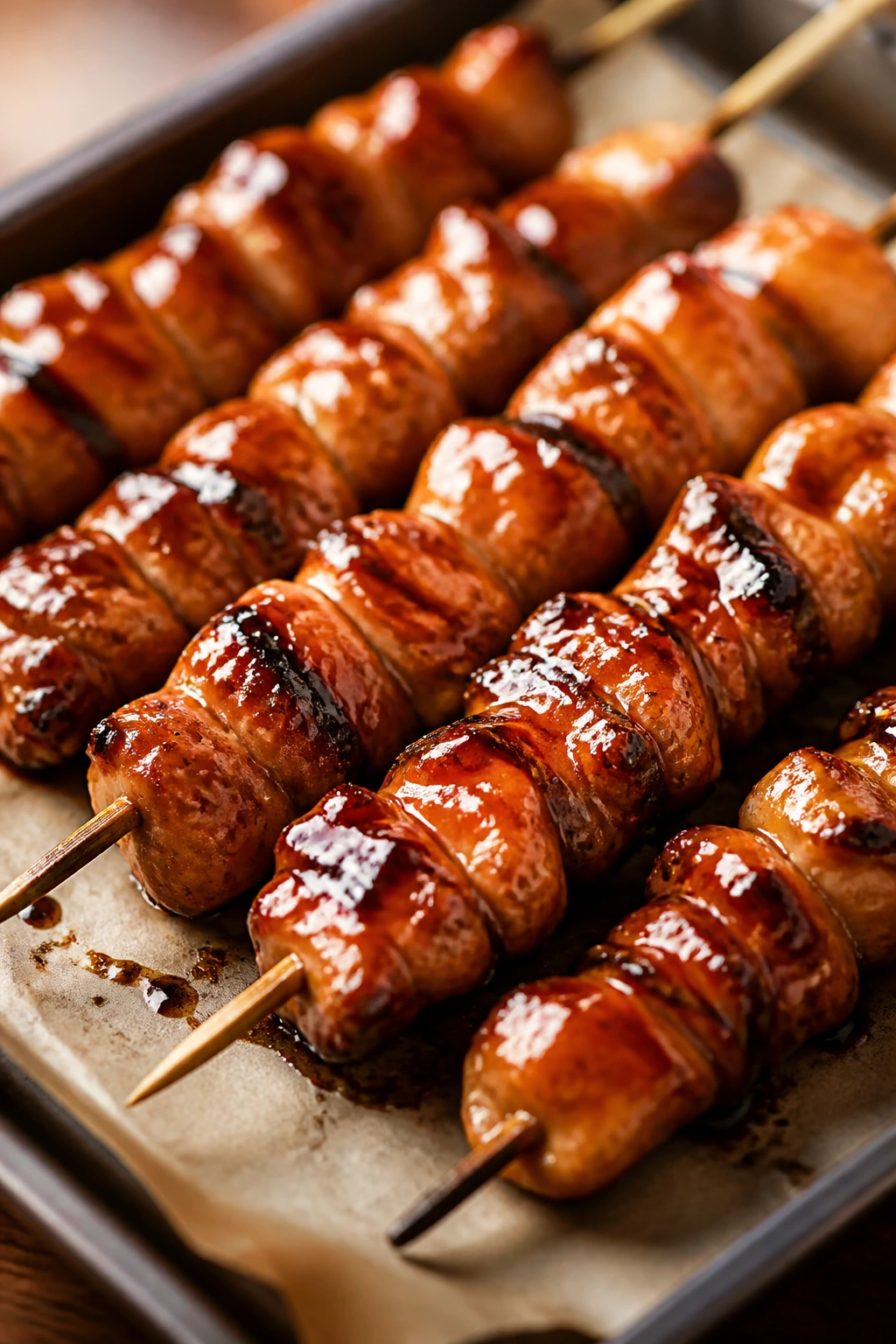Glazed teriyaki chicken skewers on a sheet pan in a warm kitchen