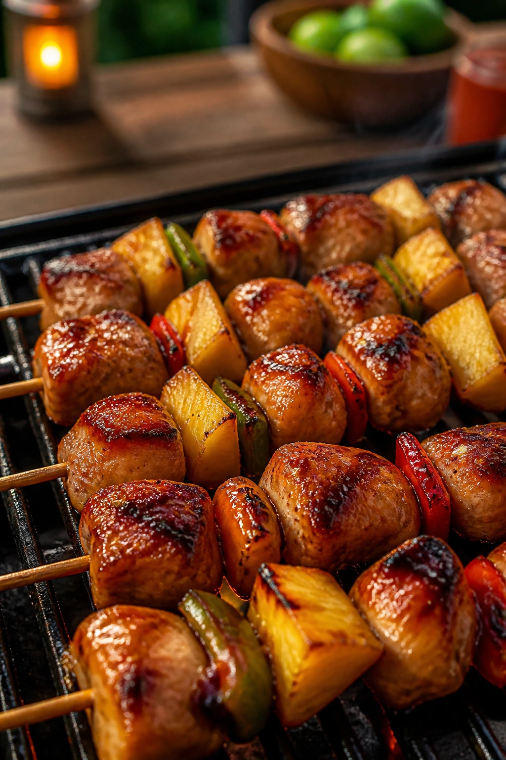 Close-up of teriyaki chicken skewers with pineapple on a grill