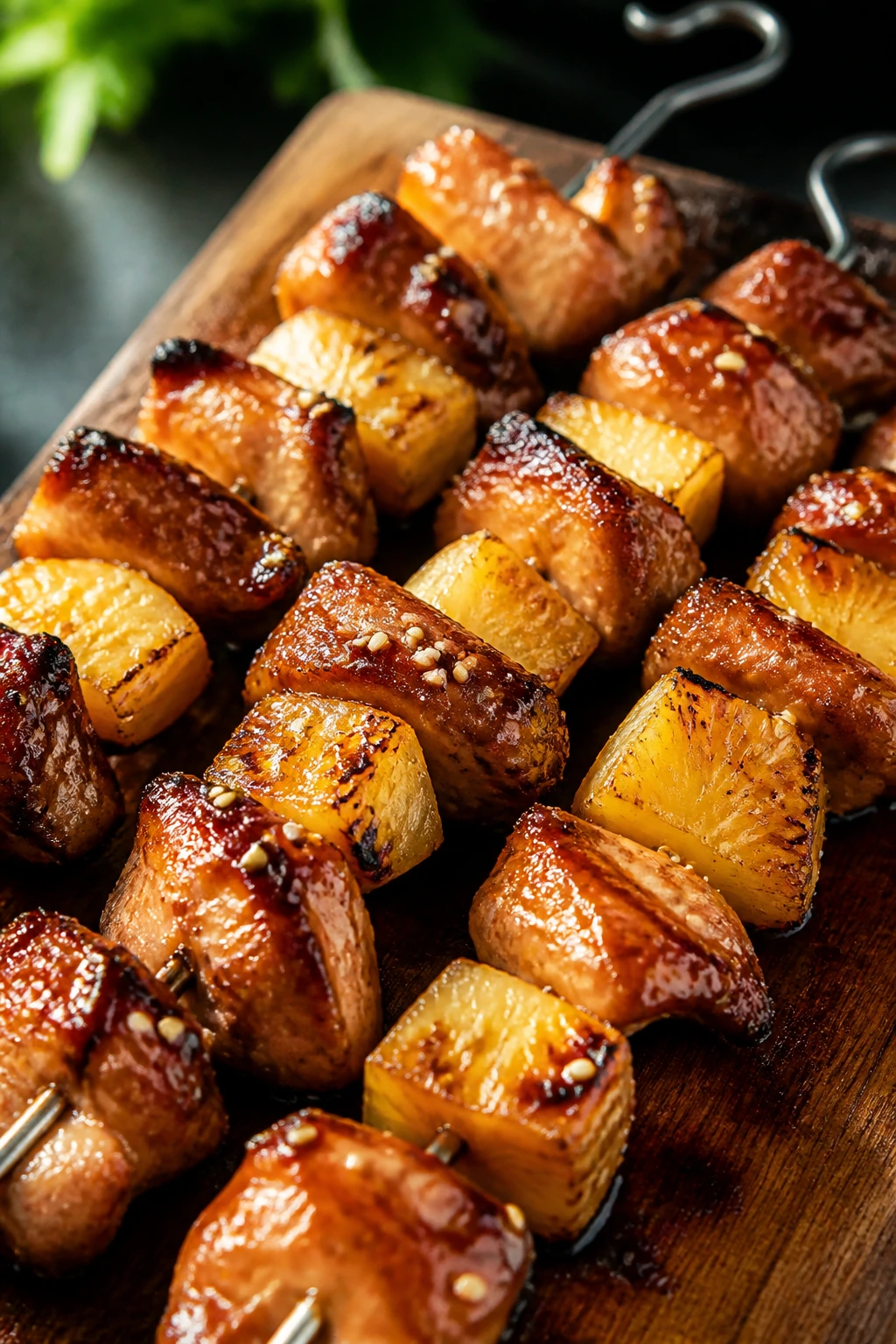 Close-up of teriyaki-glazed chicken and pineapple skewers with caramelized edges.