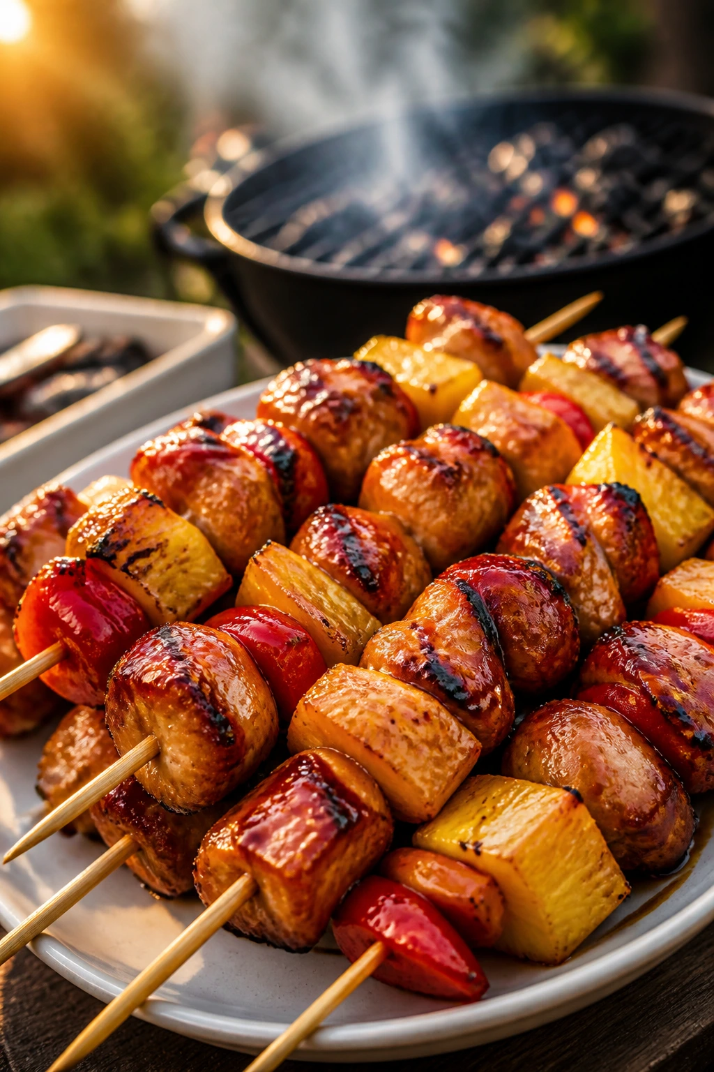 Close-up of teriyaki chicken skewers with pineapple on a picnic platter