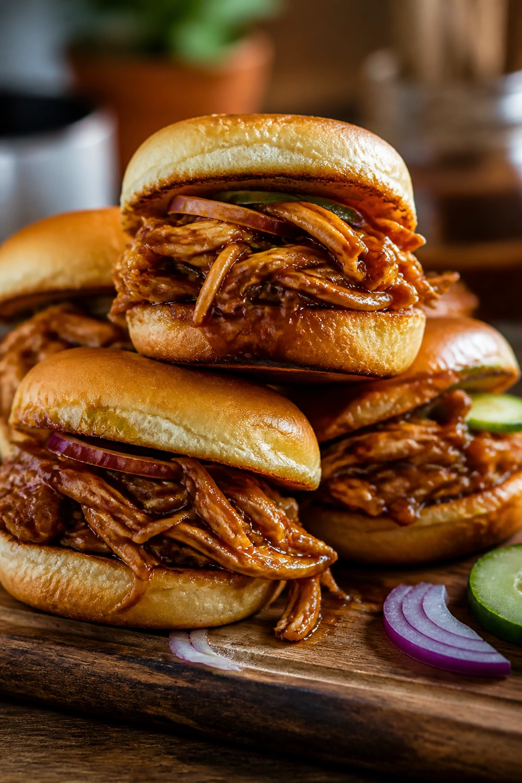 Close-up of teriyaki chicken sliders on wooden board