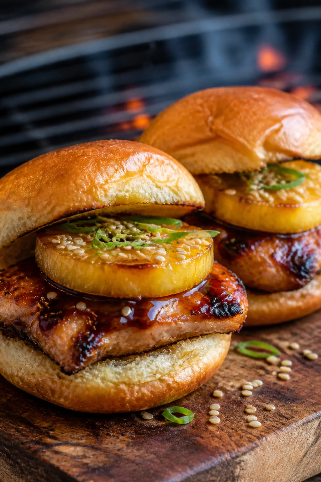 Close-up of teriyaki-glazed chicken slider with caramelized pineapple on a toasted bun and sesame seeds