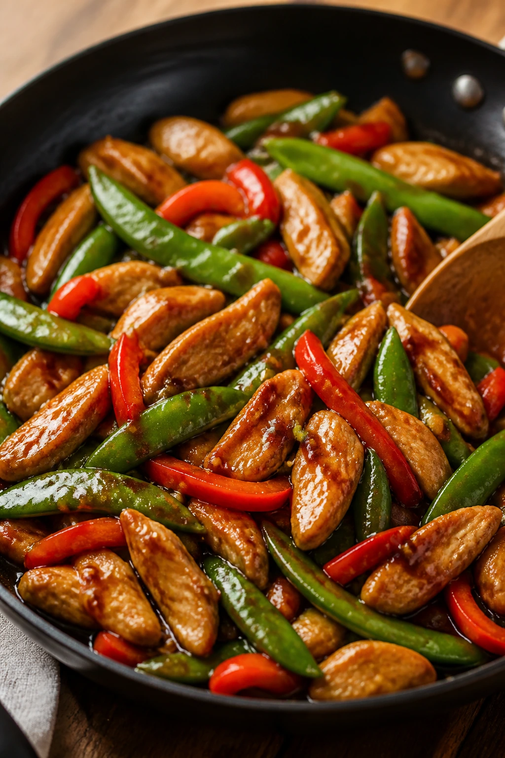 Close-up of teriyaki chicken with snap peas in a skillet