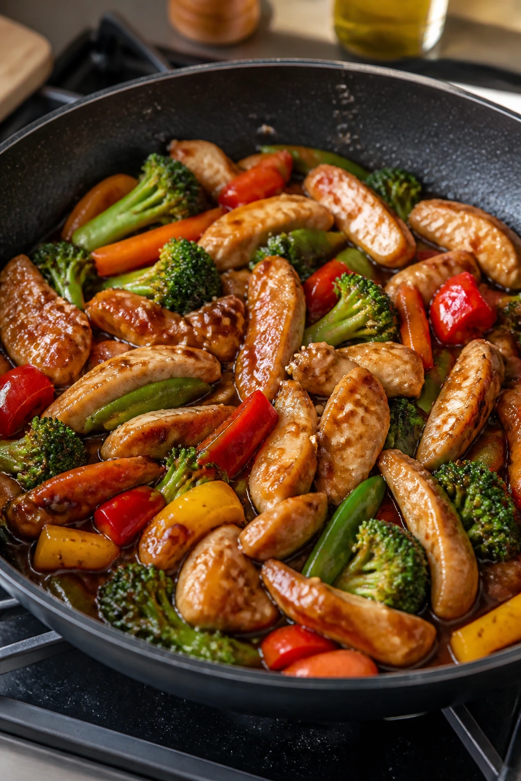 Tender chicken with glossy teriyaki glaze and vegetables in a skillet
