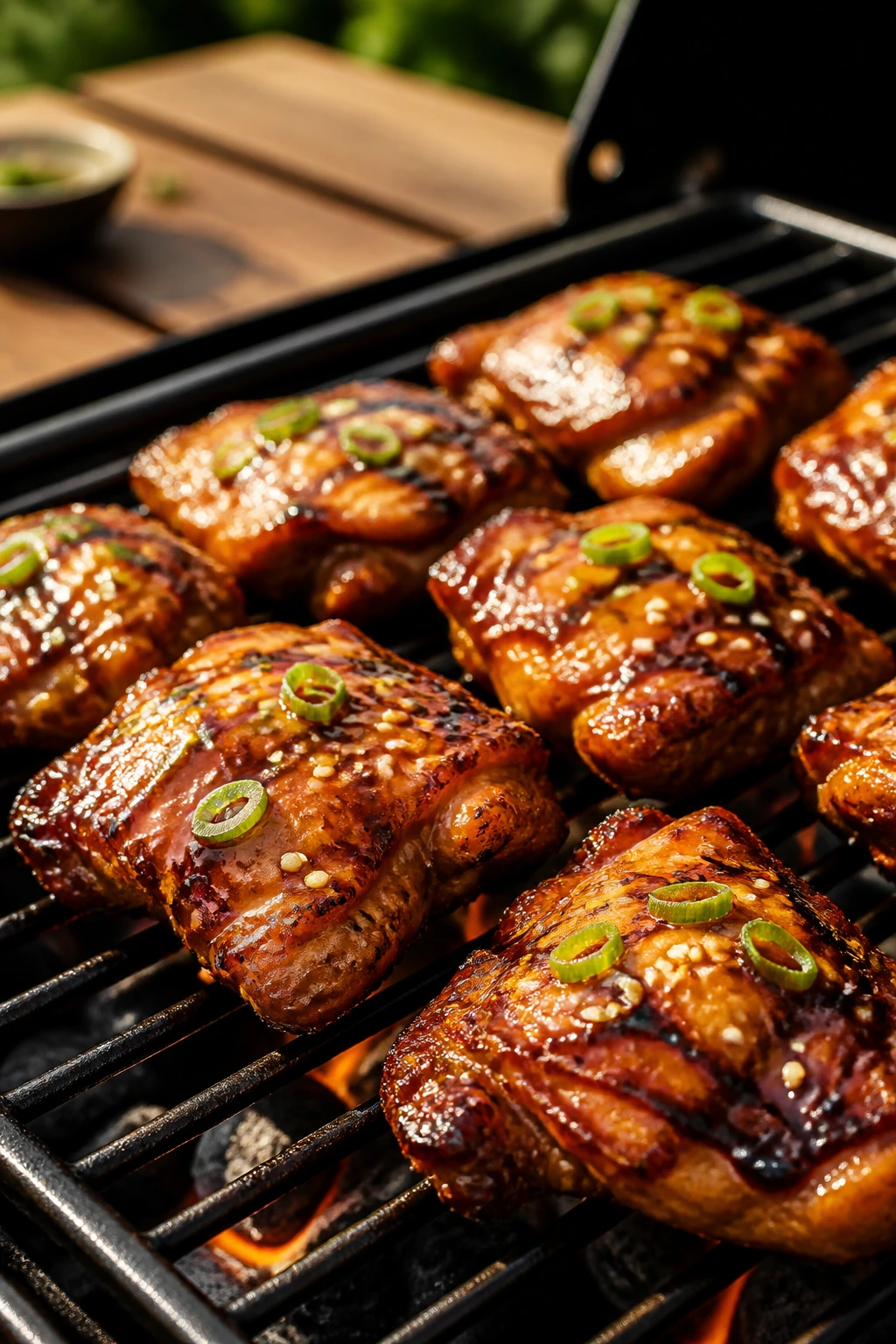 Close-up of teriyaki chicken thighs on a grill