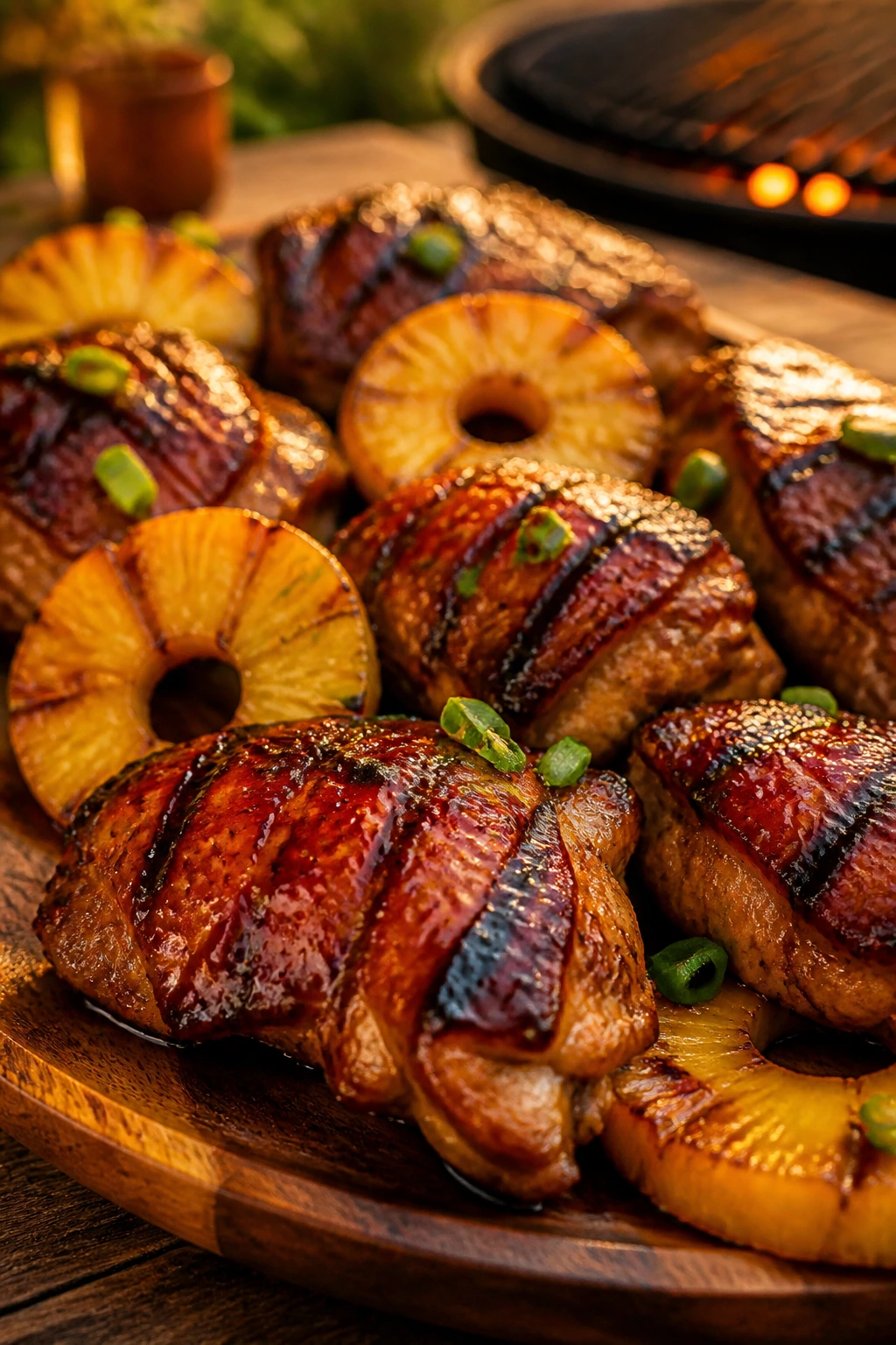 Close-up of teriyaki chicken thighs with pineapple on a backyard table.