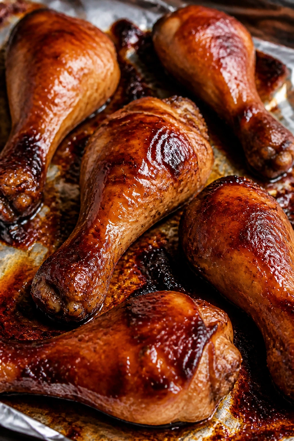 Close-up of glossy teriyaki drumsticks on a foil-lined sheet pan