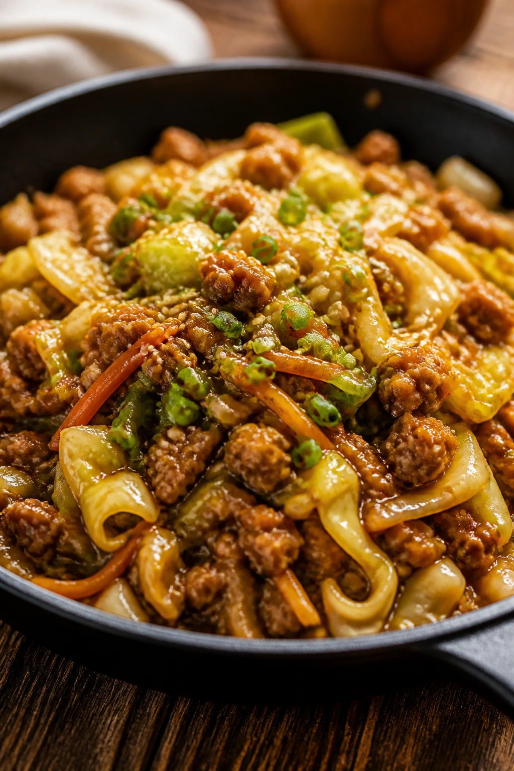 Close-up of teriyaki egg roll bowls in a skillet