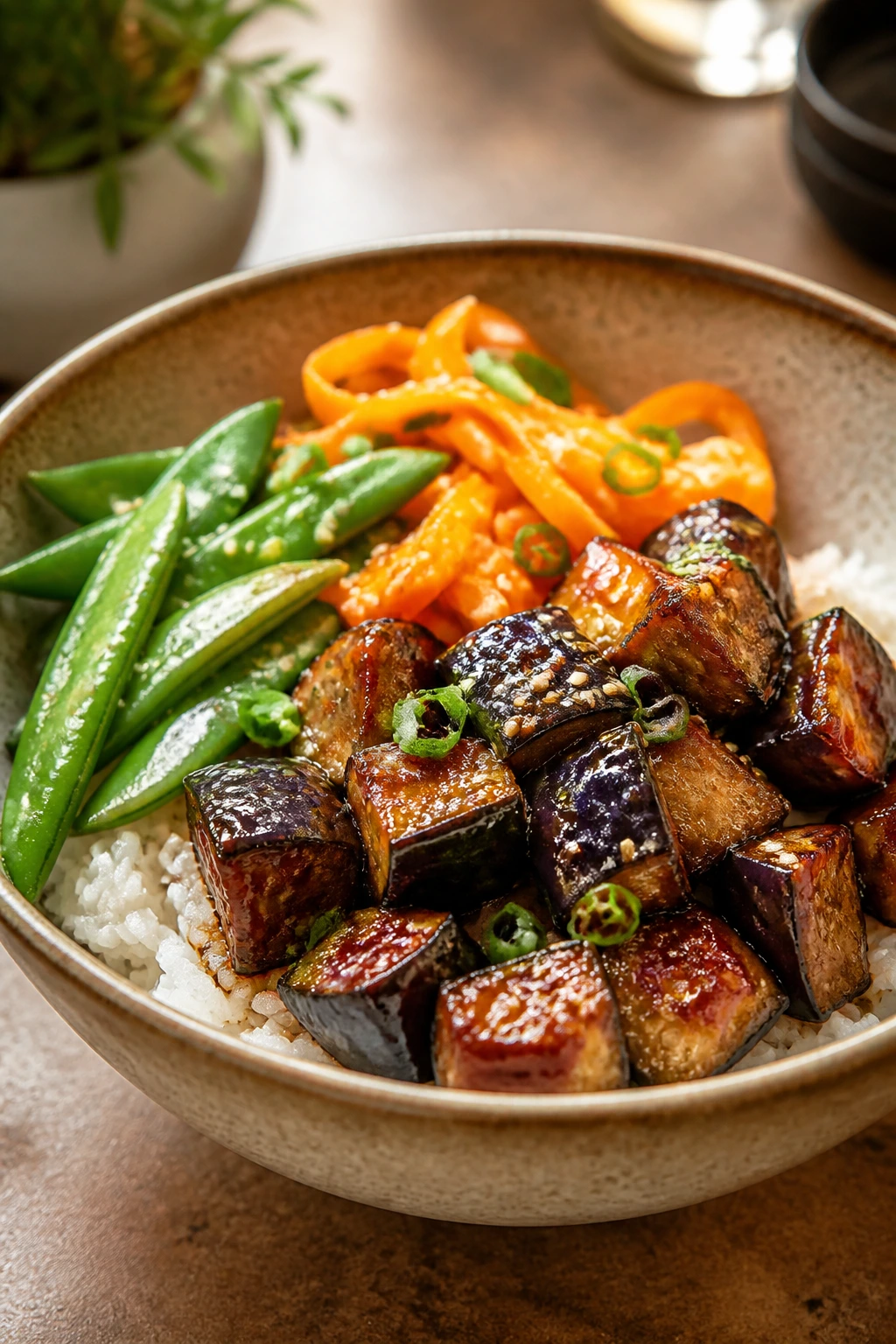 Close-up of teriyaki-glazed eggplant with rice and vegetables in a bowl
