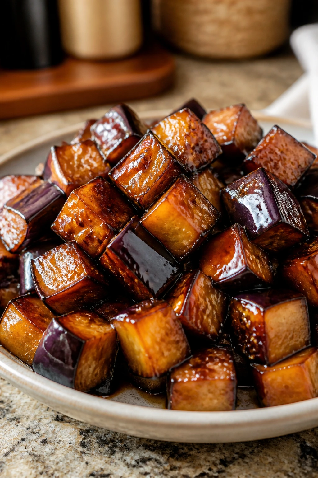 Glossy teriyaki-glazed eggplant cubes