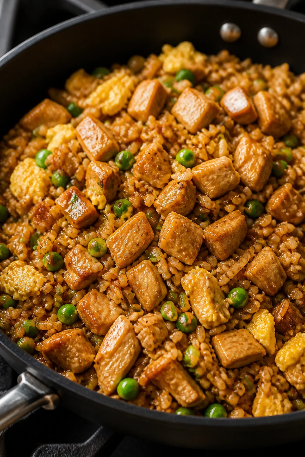 Close-up of teriyaki chicken fried rice in a skillet