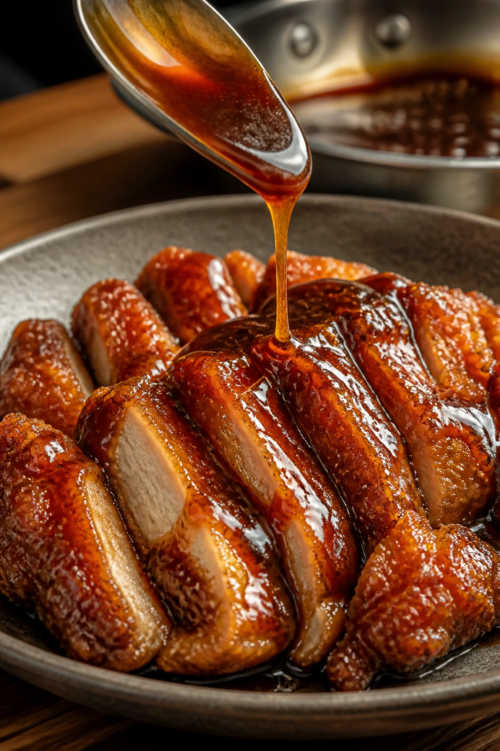 Glossy teriyaki glaze on crispy chicken