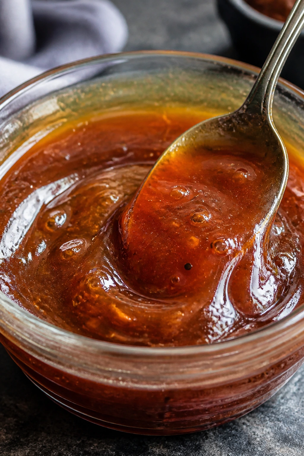 Close-up of glossy amber glaze in a glass bowl.