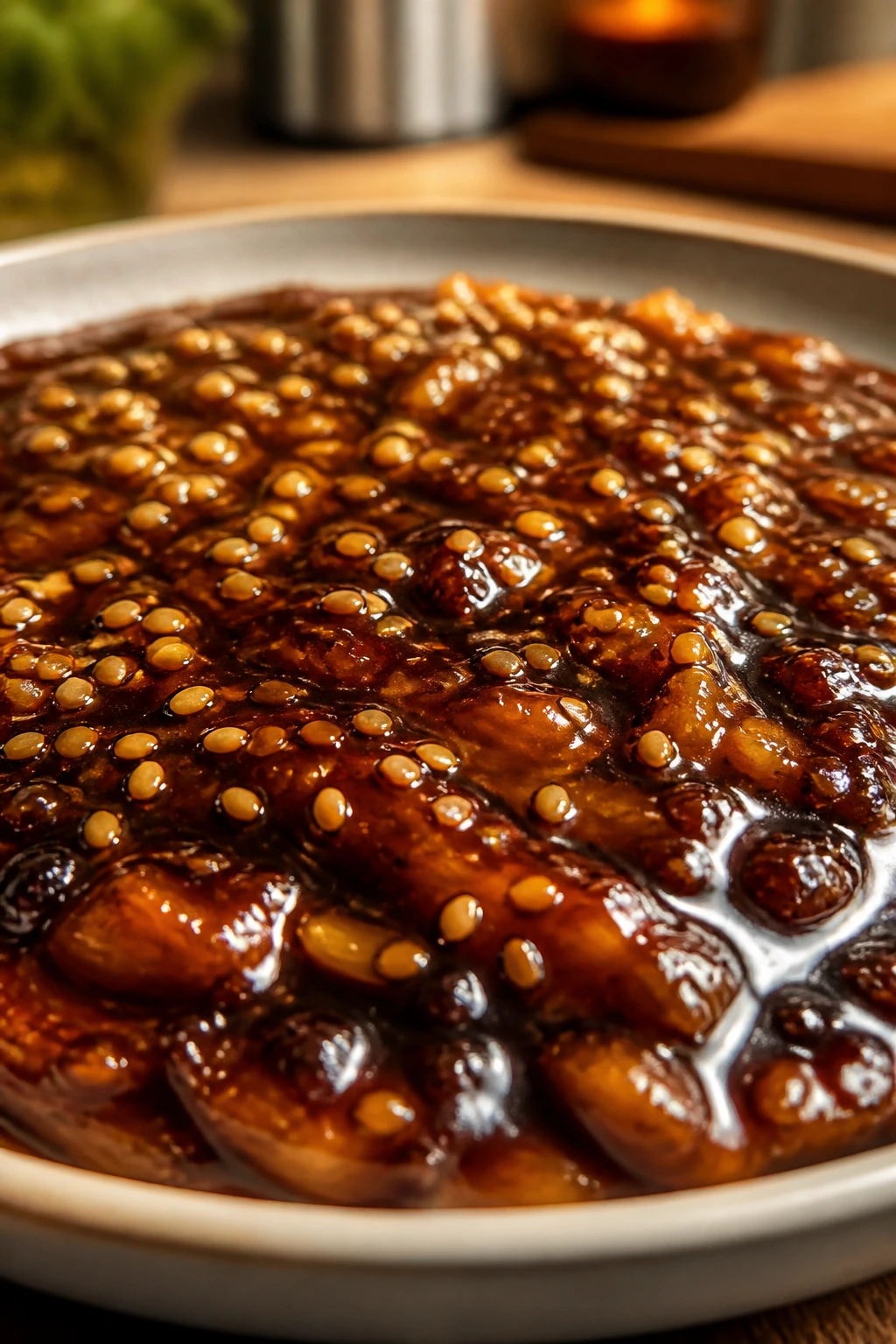 Glossy teriyaki sesame glaze with sesame seeds on plate