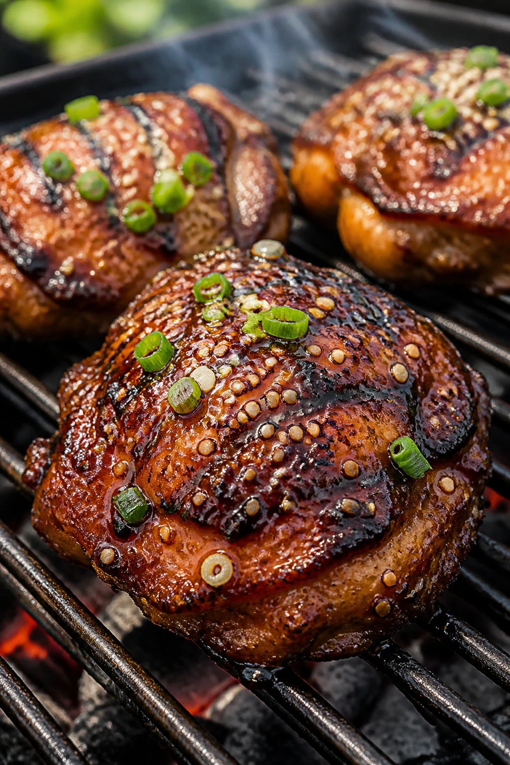 Close-up of teriyaki chicken thighs with glaze on a backyard grill