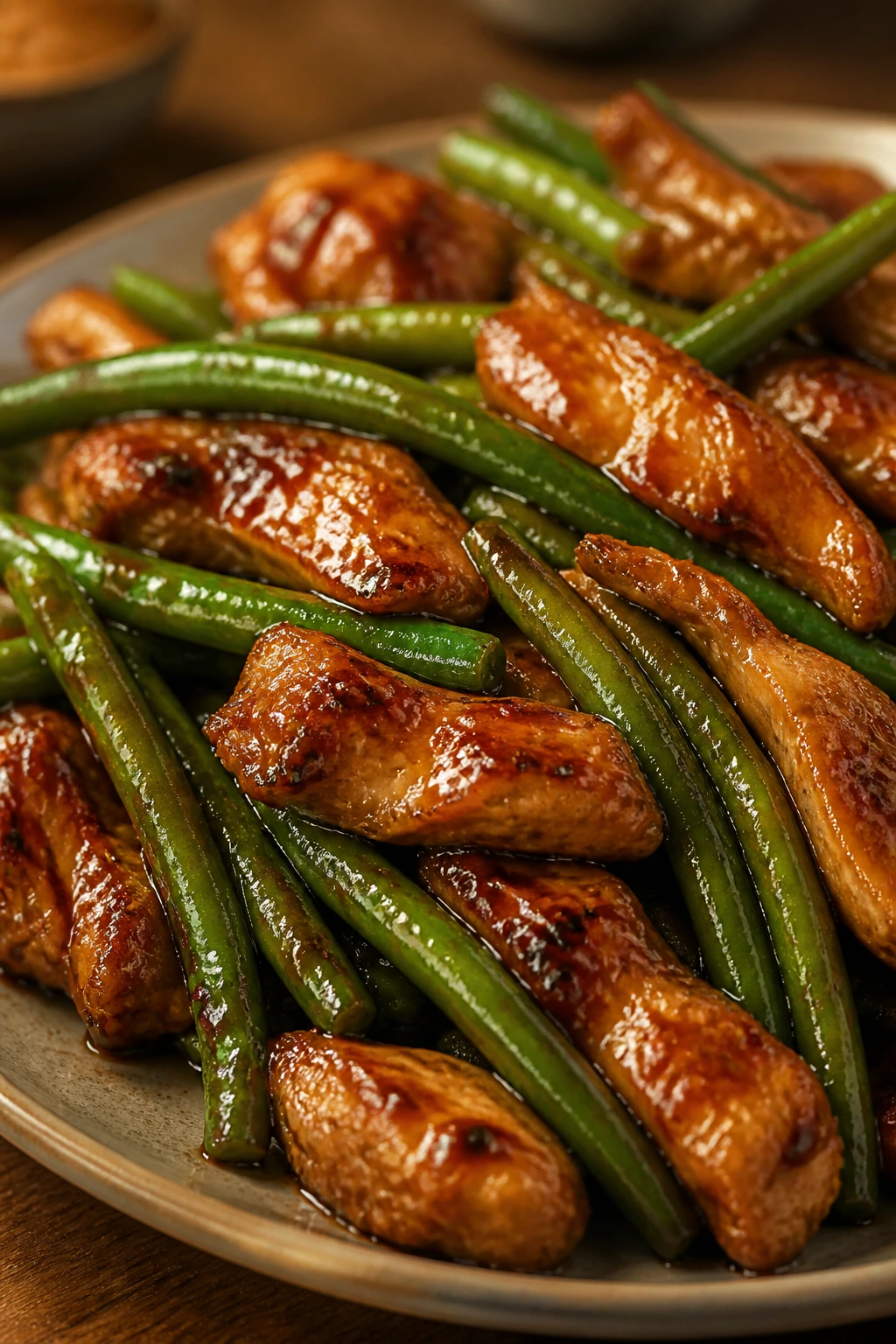Close-up of teriyaki chicken and green beans with glaze