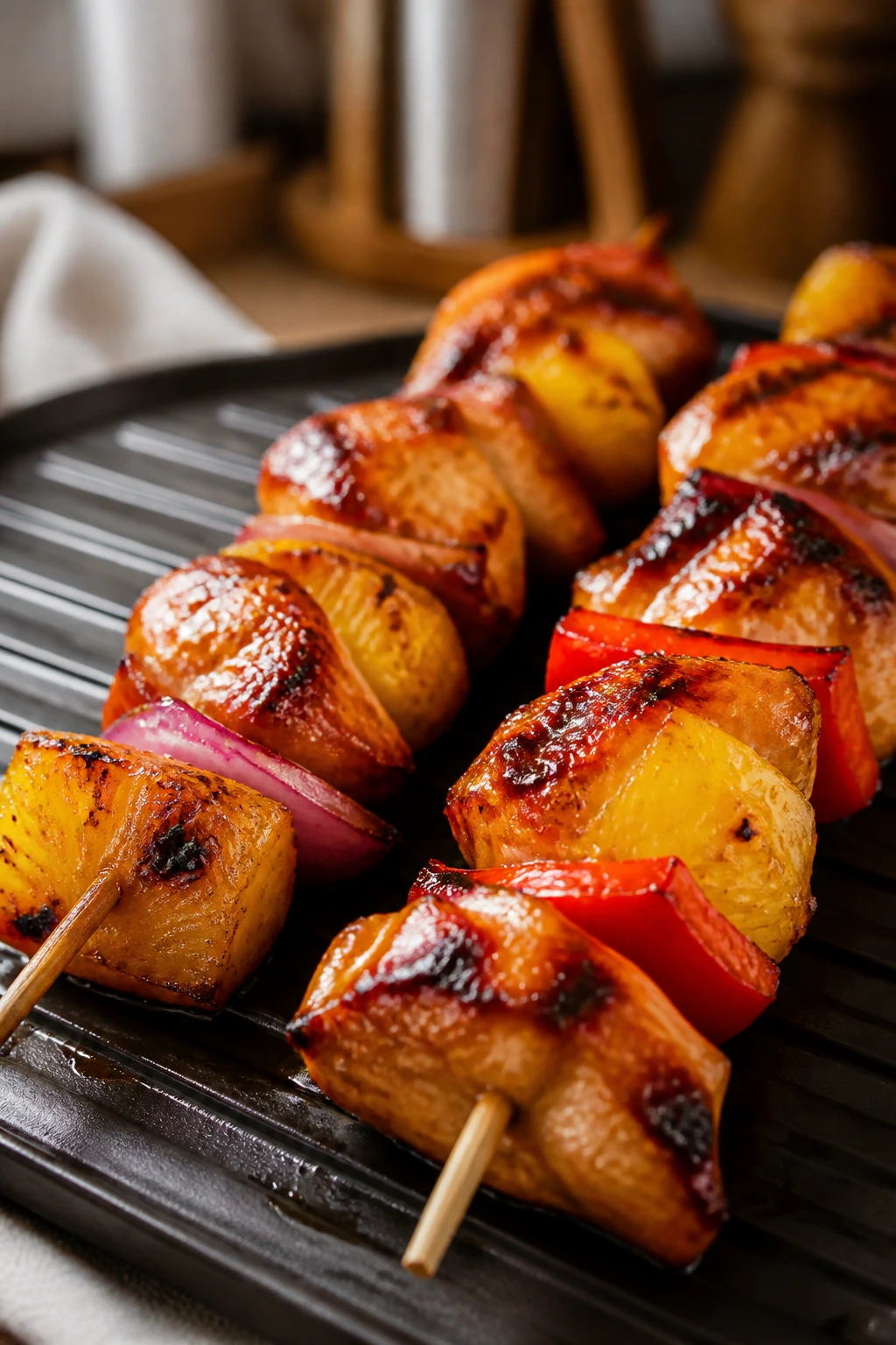 Close-up of teriyaki chicken kabobs with pineapple and peppers