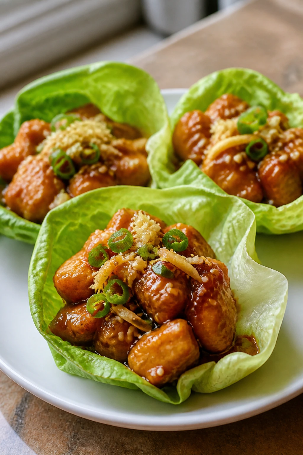 Teriyaki chicken lettuce cups on a plate