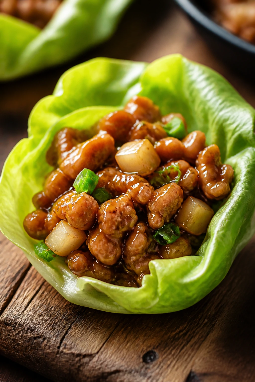 Close-up of glossy teriyaki chicken lettuce wrap on wooden board