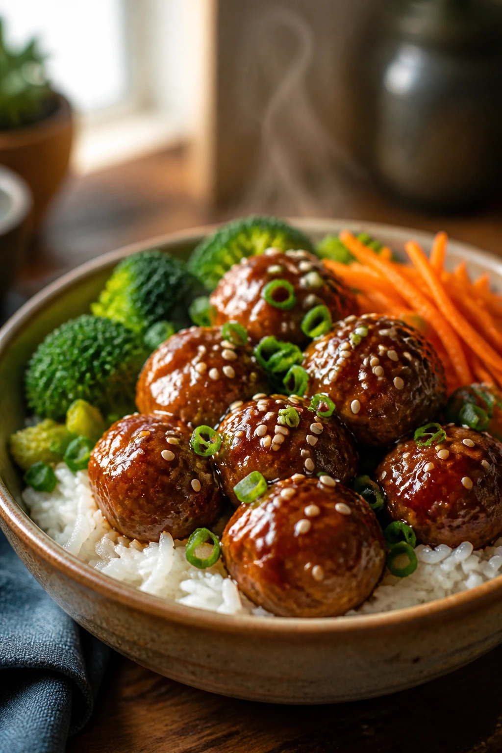 Close-up of teriyaki meatball rice bowl with veggies