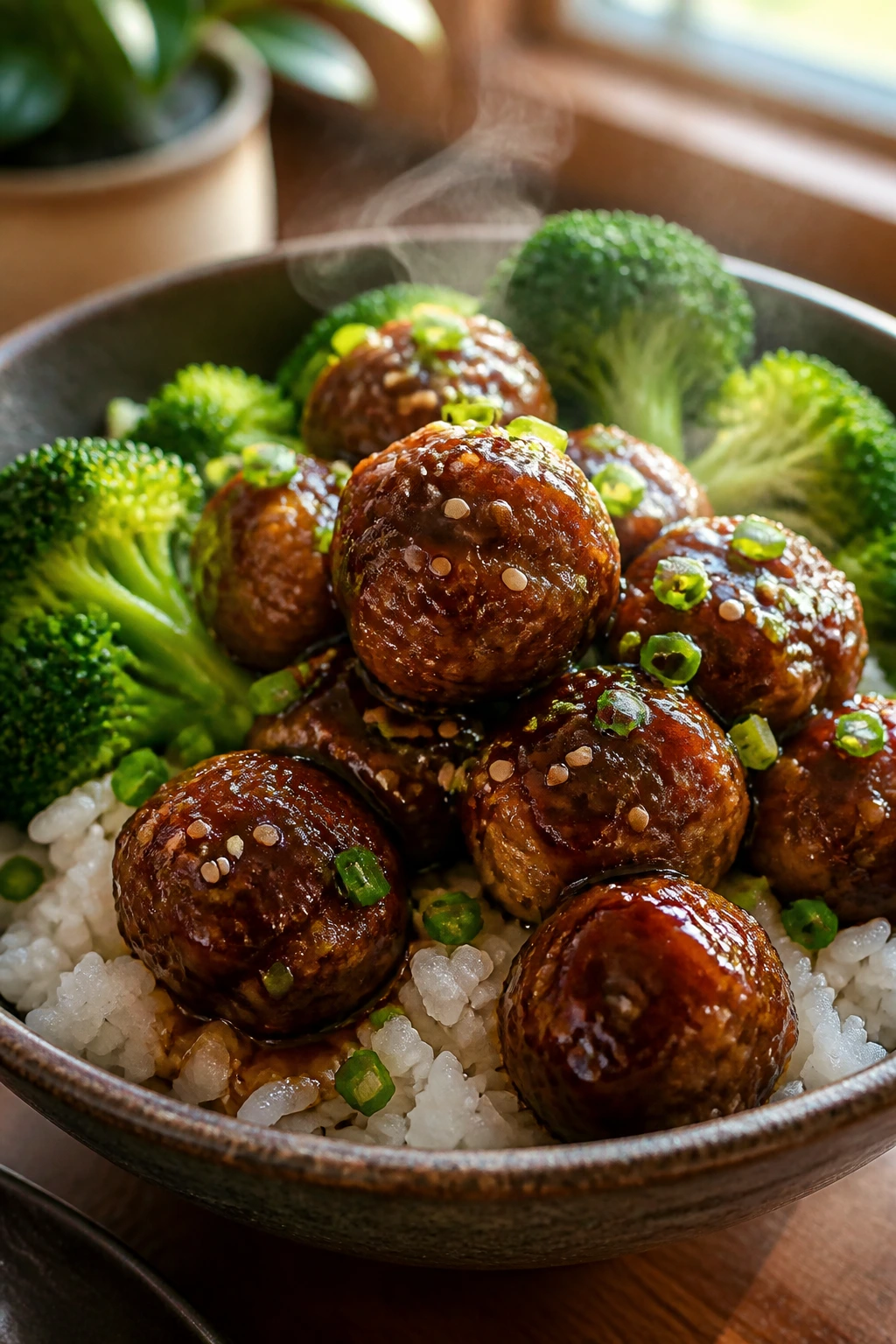 Teriyaki meatballs with rice and broccoli in a glossy bowl