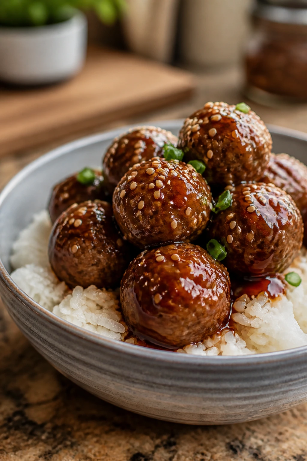 Close-up of teriyaki meatball bowl over rice with glaze.