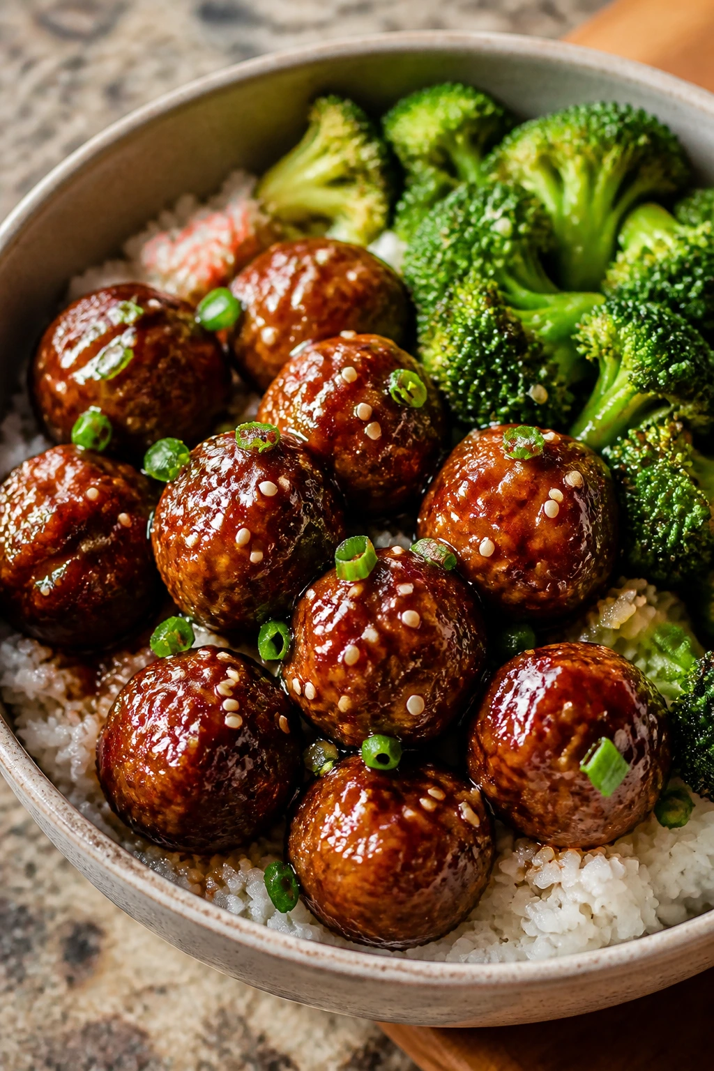 Close-up of teriyaki meatball rice bowl with broccoli