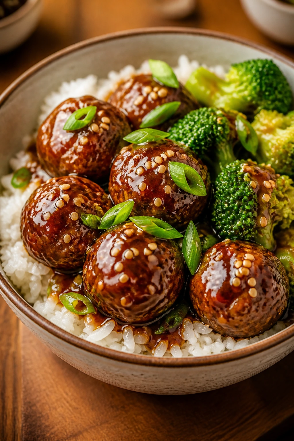 Teriyaki meatball rice bowl with broccoli and sesame seeds
